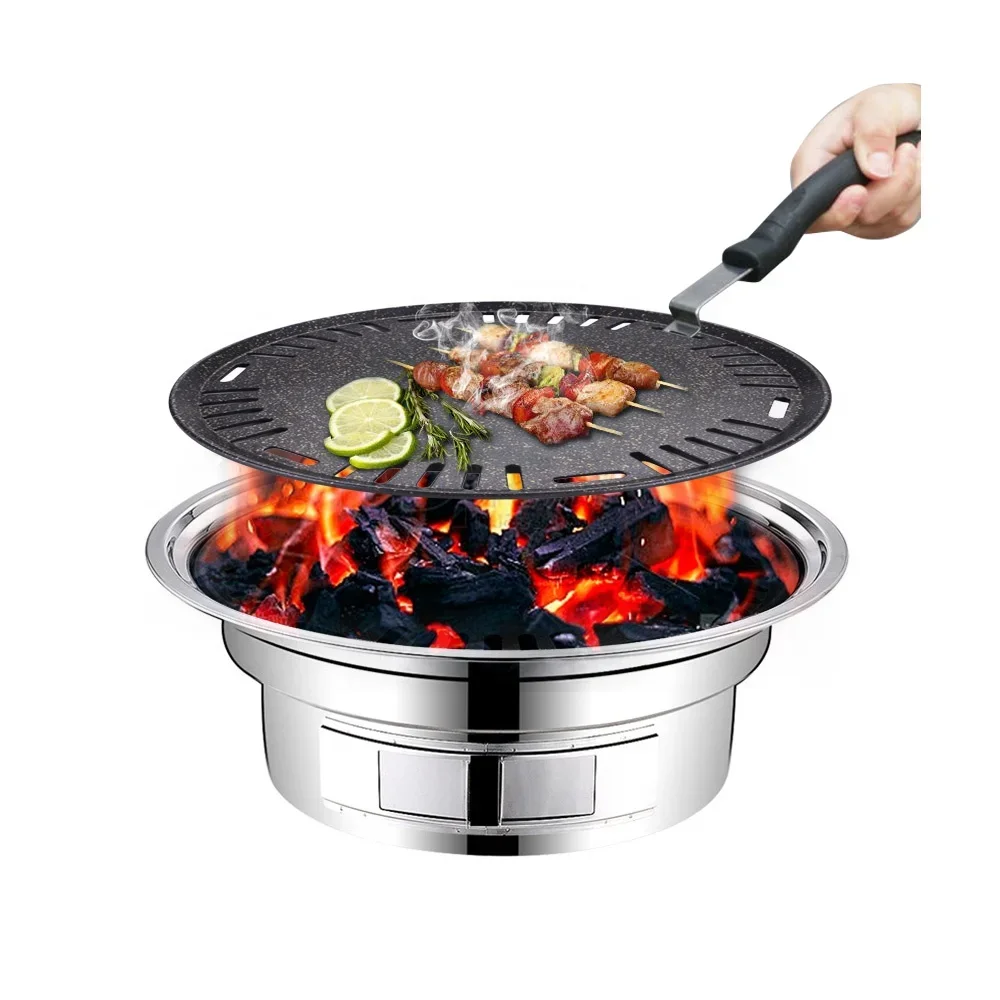Outdoor Camping Korea - กระทะบาร์บีคิวทรงกลมอะลูมิเนียมเคลือบกันติด สำหรับตั้งโต๊ะ ปิ้งย่างแบบพกพา สำหรับตั้งแคมป์กลางแจ้ง สไตล์เกาหลี ขนาด