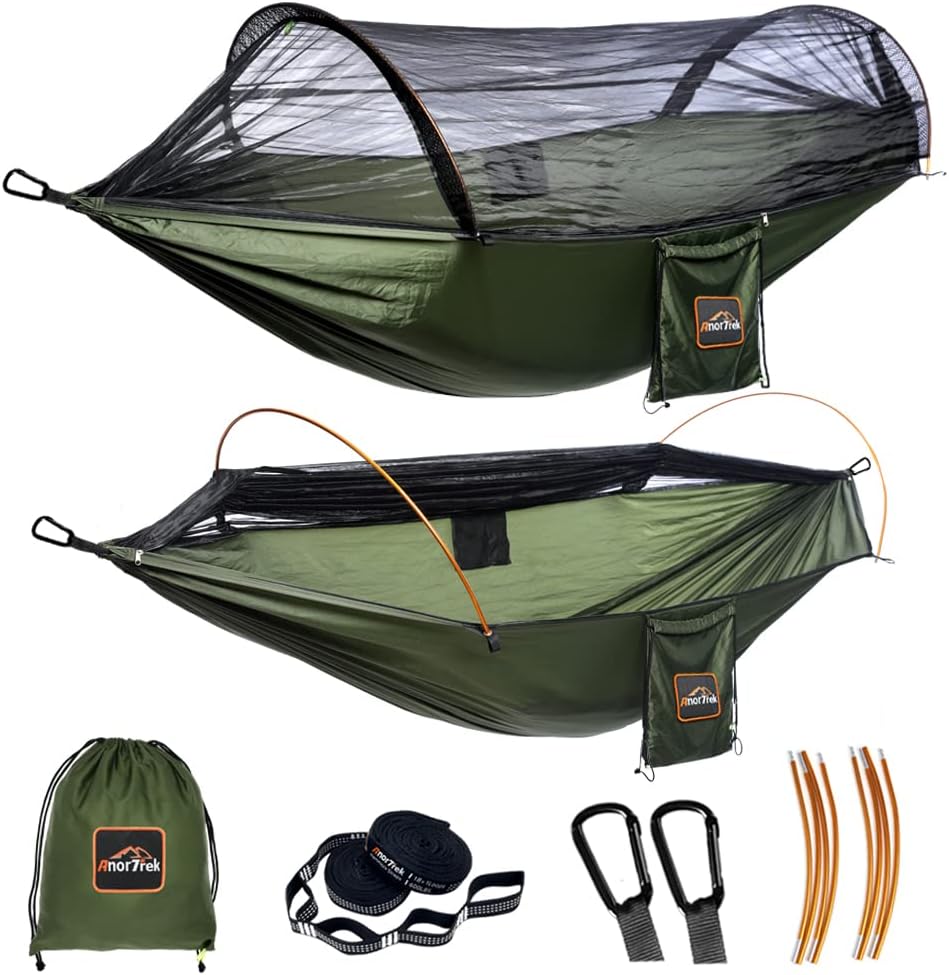 Camping Hammock - เปลญวนสำหรับตั้งแคมป์แบบคู่พร้อมมุ้งกันยุง, เปลญวนไนลอน 230T น้ำหนักเบาแบบพกพา, มาพร้อมสายรัดต้นไม้ขนาด 10