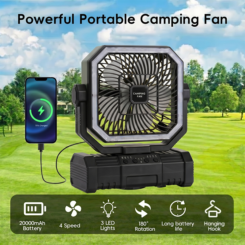 Outdoor Camping Gazebo - พัดลมเพดานสำหรับตั้งแคมป์ 20000mAh พัดลมพกพาแบบชาร์จไฟได้พร้อมตะขอแขวน โคมไฟ LED และรีโมทสำหรับเต็นท์กลางแจ้ง