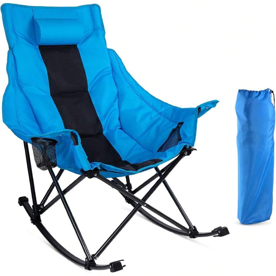 Outdoor Camping Rocking Chair - เก้าอี้โยกพับได้สำหรับตั้งแคมป์กลางแจ้งสำหรับผู้ใหญ่ – ดีไซน์แบบพกพาขนาดใหญ่พิเศษ แข็งแรงทนทาน พร้อมที่วางแก้วในตัว กระเป๋าเก็บความเย็น