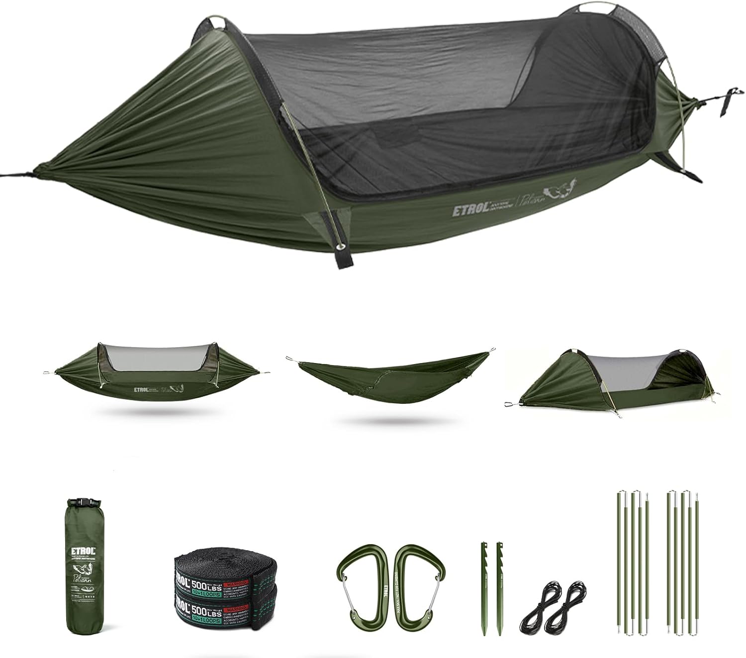 Camping Hammock - เปลญวนสำหรับตั้งแคมป์ 3-in-1 พร้อมมุ้งกันยุง, เปลญวนแบบพกพาสำหรับใช้สองคนและคนเดียว, เต็นท์สำหรับเดินทางในร่มและกลางแจ้ง, พร้อมสายรัดต้นไม้,