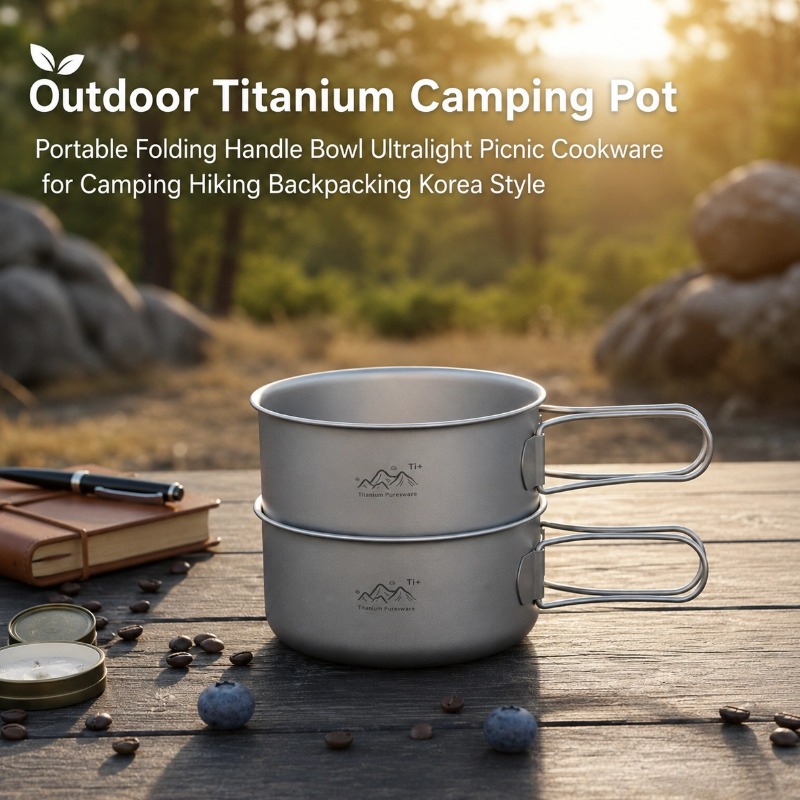 Outdoor Camping Korea - หม้อตั้งแคมป์ไทเทเนียมกลางแจ้งแบบพกพาพร้อมด้ามจับพับได้ ชามน้ำหนักเบา ชุดเครื่องครัวสำหรับปิกนิก แคมป์ปิ้ง เดินป่า แบ็คแพ็คกิ้ง