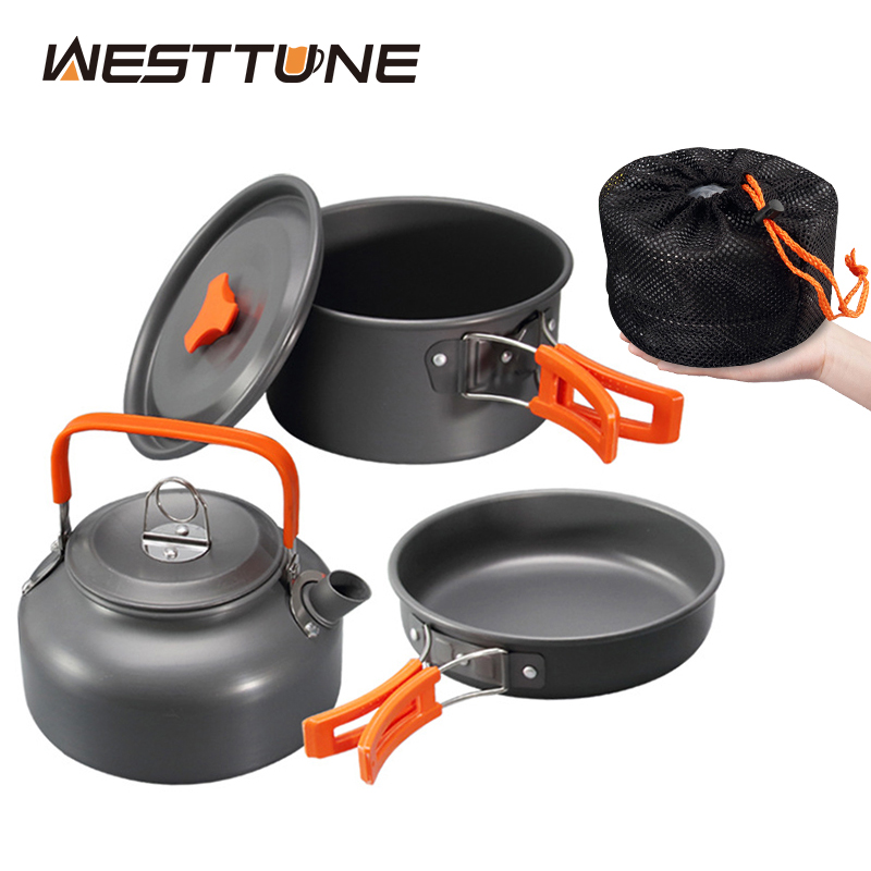 Outdoor Camping Dining Set - WESTTUNE ชุดเครื่องครัวตั้งแคมป์อลูมิเนียมกลางแจ้งแบบพกพาชุดทําอาหารหม้อกาต้มน้ําสําหรับตั้งแคมป์บนโต๊ะอาหารเดินป่าปิคนิค 3 ชิ้น