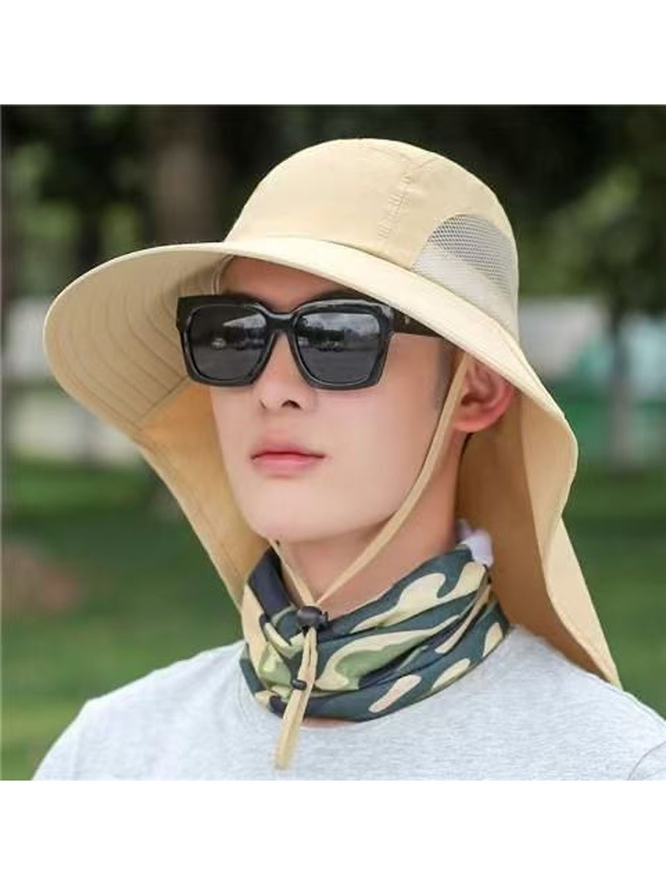 Outdoor Camping Activities - หมวกกันแดดแบบผ้าคลุมไหล่ ซักด้วยมือได้ เหมาะสำหรับตกปลา เดินป่า และกิจกรรมกลางแจ้ง -