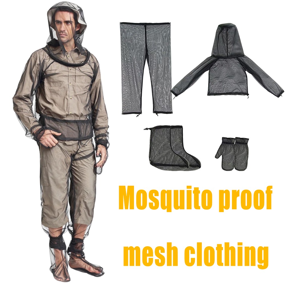 Camping Outdoor Clothing - ชุดป้องกันยุงกลางแจ้ง เสื้อแจ็คเก็ตตาข่ายกันแมลงแบบมีฮู้ด สำหรับตกปลา ตั้งแคมป์ เสื้อและกางเกงตาข่ายกันแมลง ปกป้องทั้งตัว