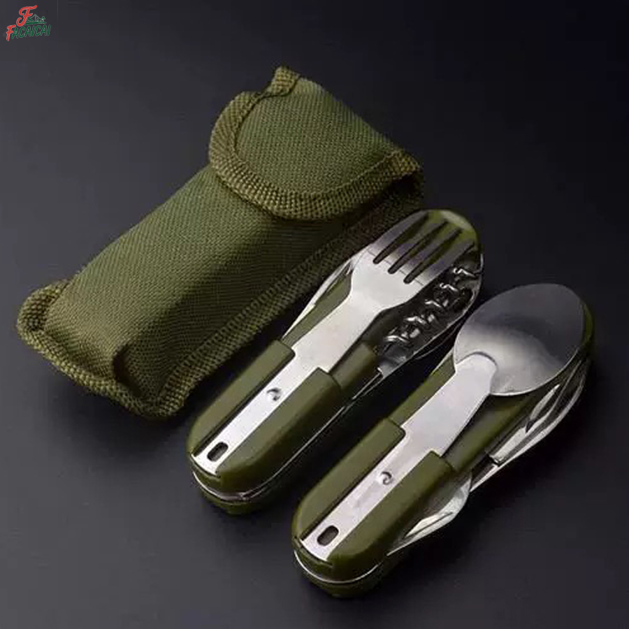 Outdoor Camping Essential Gear - ชุดอุปกรณ์แคมป์ปิ้ง 5-in-1 สแตนเลสสตีล ชุดเดินทาง อุปกรณ์พับได้อเนกประสงค์สำหรับกิจกรรมกลางแจ้ง
