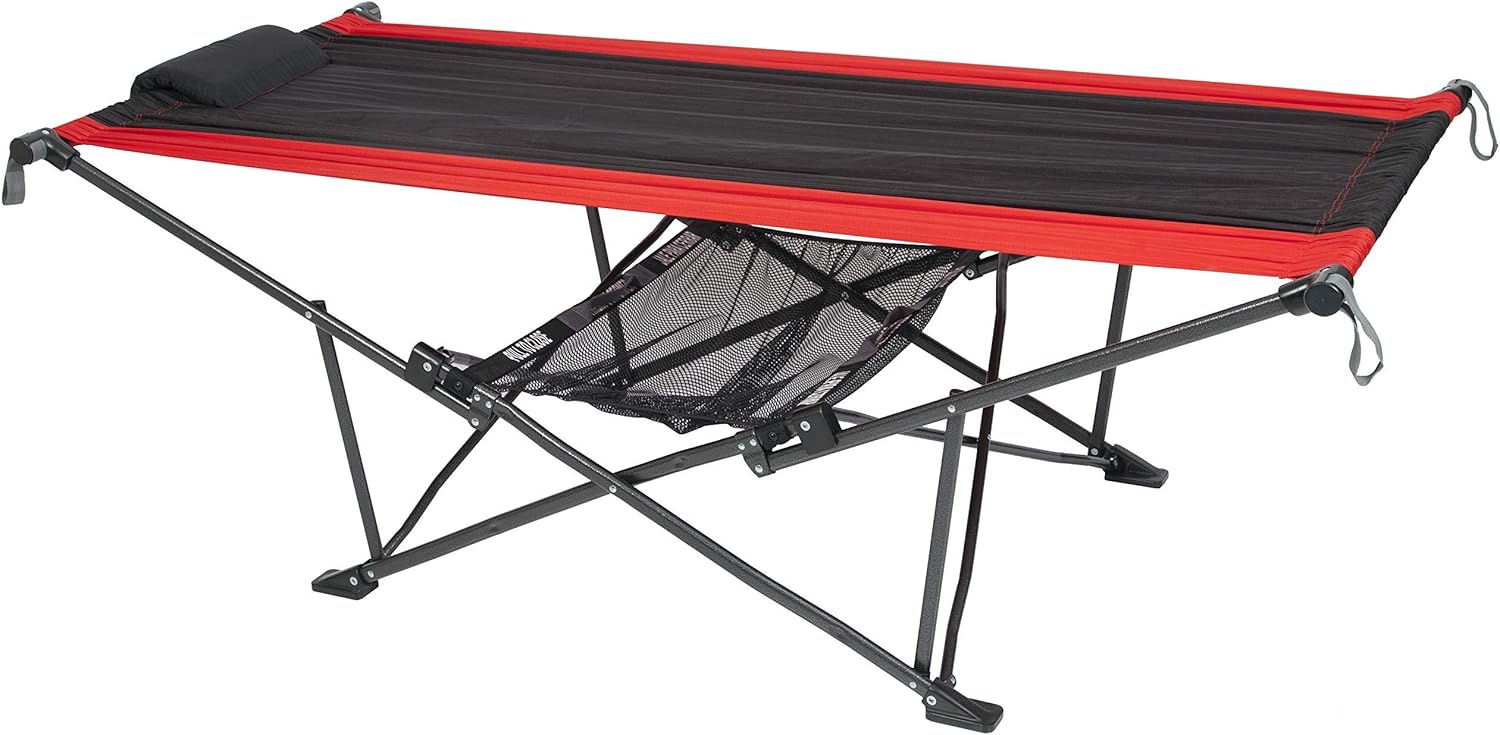 Camping Hammock - เปลญวนพับได้แบบพกพาสำหรับการตั้งแคมป์กลางแจ้ง ใช้งานได้หลากหลาย สีแดง/ดำ
