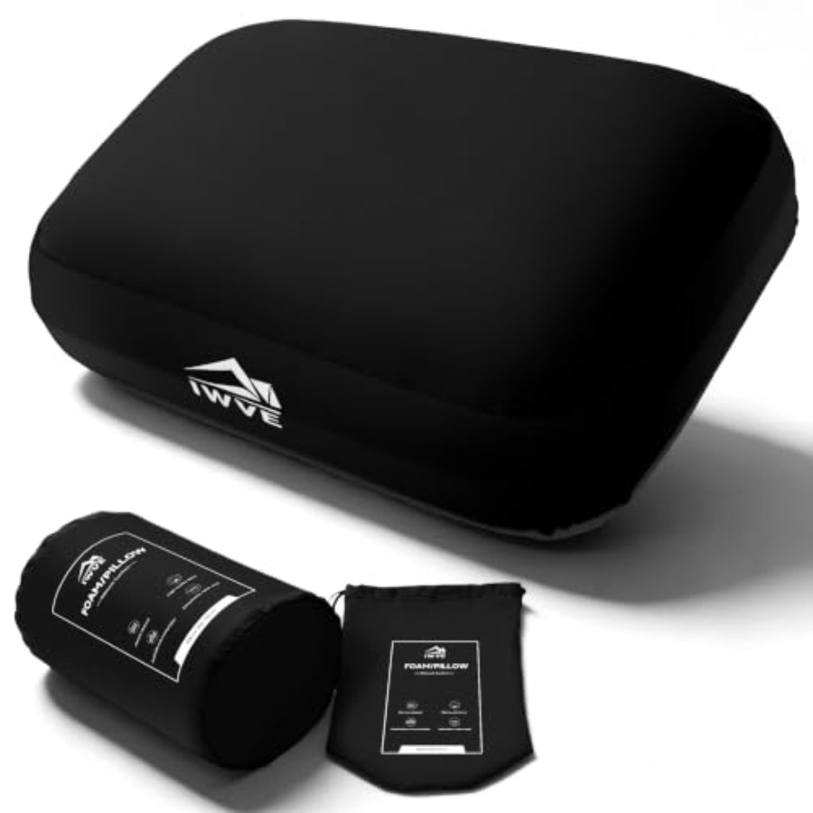 Camp Pillow Compressible - หมอนเมมโมรี่โฟมสำหรับแคมป์ปิ้งแบบหนา น้ำหนักเบาและพับเก็บได้ เหมาะสำหรับการเดินทางแบบแบ็คแพ็ค - รองรับคอและหลังตามหลักสรีรศาสตร์