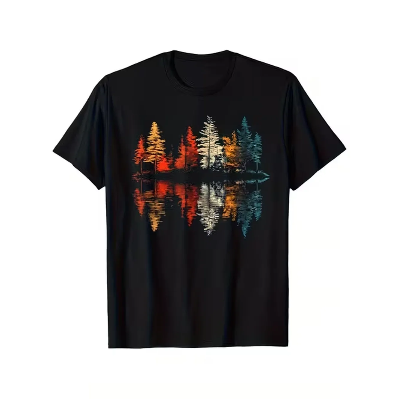 Outdoor Camping Activities - เสื้อยืดพิมพ์ลายเรโทรสำหรับผู้ชาย สีดำ พิมพ์ลายต้นไม้หลากสี น้ำหนักเบา ระบายอากาศได้ดี ผ้าฝ้าย