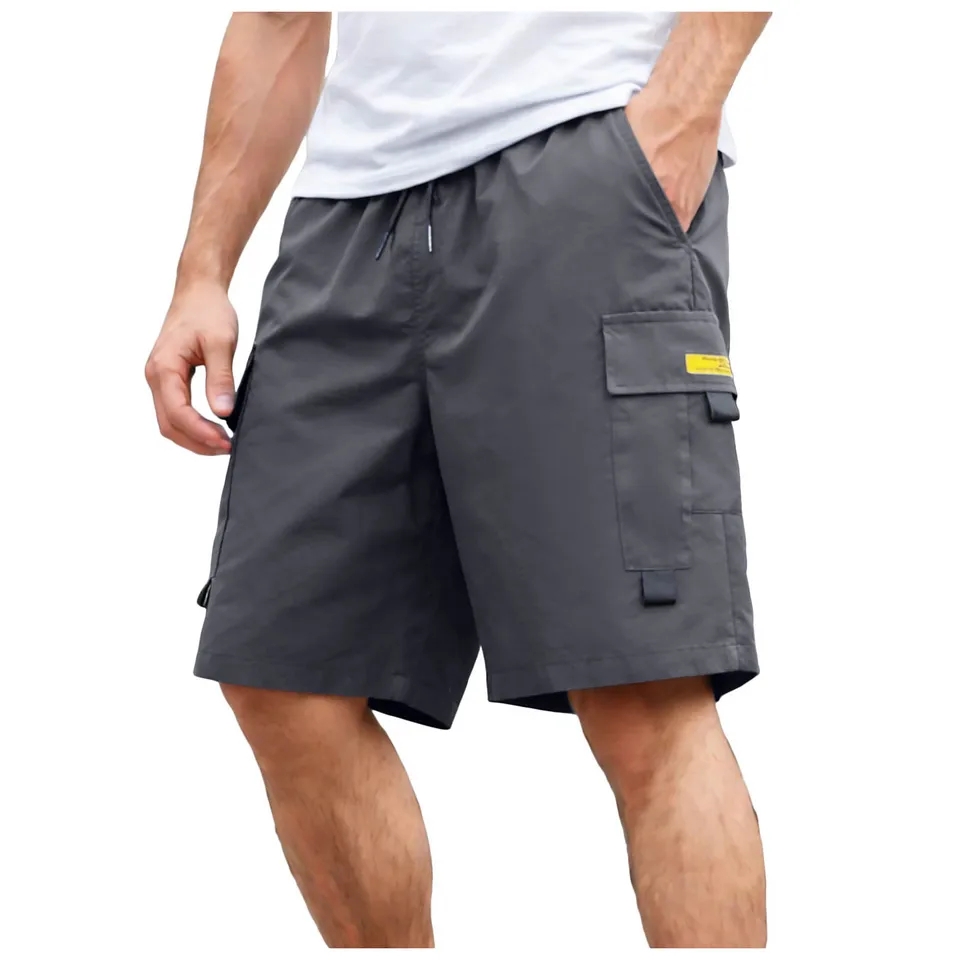 Camping Outdoor Clothing - กางเกงขาสั้นคาร์โก้ฤดูร้อนสำหรับผู้ชาย ทรงหลวม ทันสมัย มีเชือกผูกเอว กระเป๋าหลายช่อง เหมาะสำหรับทำงาน