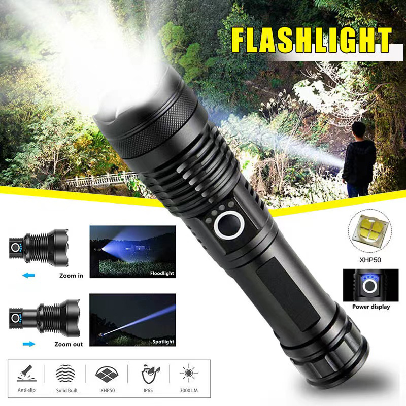 Outdoor Camping Decor - ไฟฉาย LED กำลังสูง XHP70 USB-C ไฟฉายแบบชาร์จไฟได้ซูมได้โคมไฟมือกันน้ำสำหรับการตั้งแคมป์กลางแจ้งใช้ในกรณีฉุกเฉิน